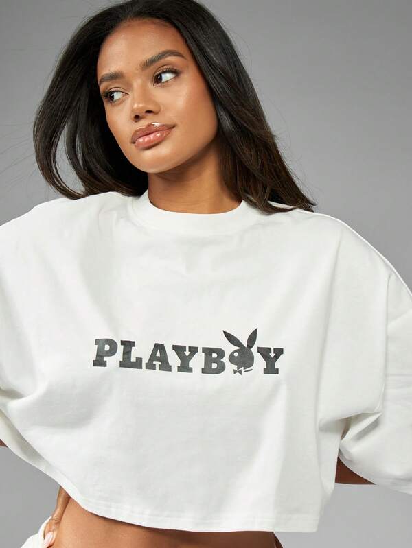Missguided Missguided X Playboy MISSGUIDED Sporty Cropped Logo T-Shirt