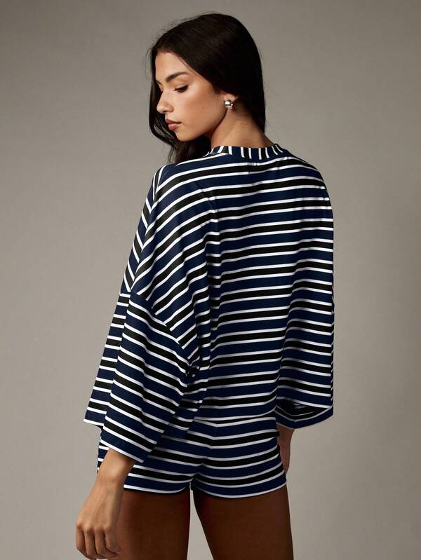 Missguided Missguided X Playboy MISSGUIDED Striped Bell Sleeve Top And High Waist Shorts Set