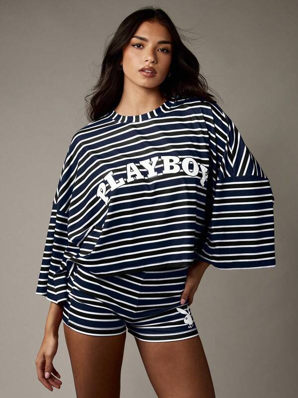 Missguided Missguided X Playboy MISSGUIDED Striped Bell Sleeve Top And High Waist Shorts Set