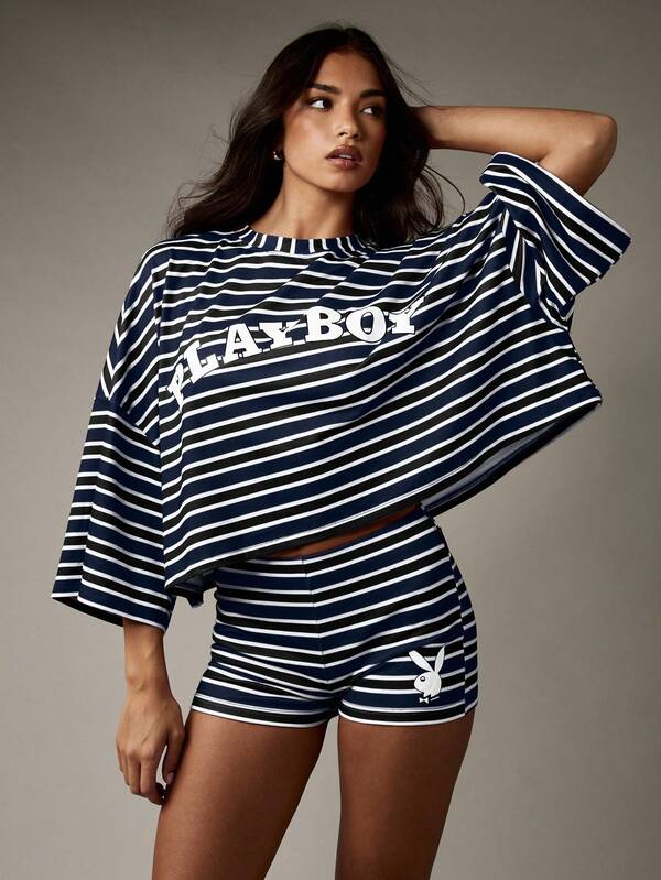 missguided Missguided x Playboy MISSGUIDED Striped Bell Sleeve Top And High Waist Shorts Set