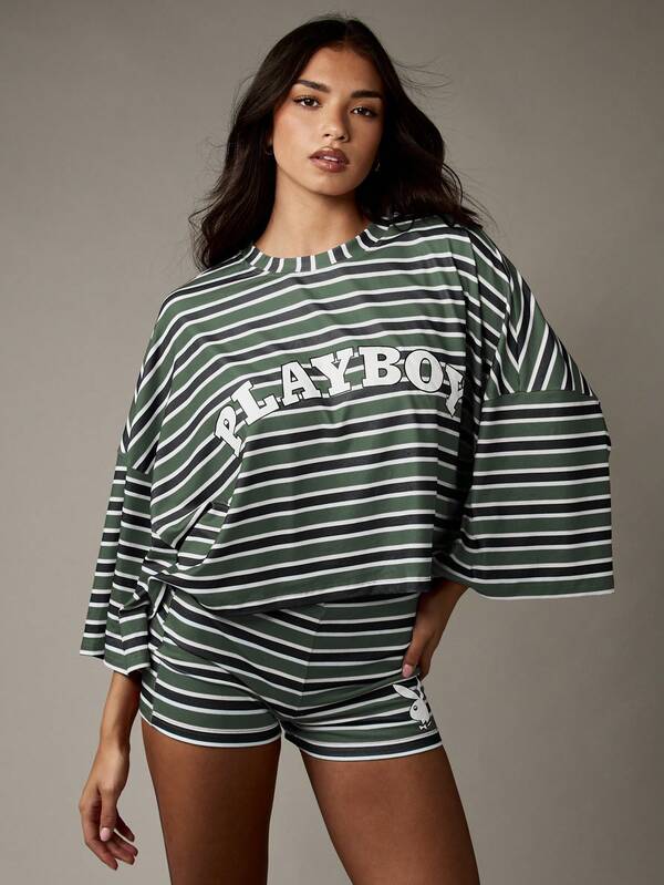 Missguided Missguided X Playboy MISSGUIDED Striped Co Ord Set With Oversized Top And Shorts