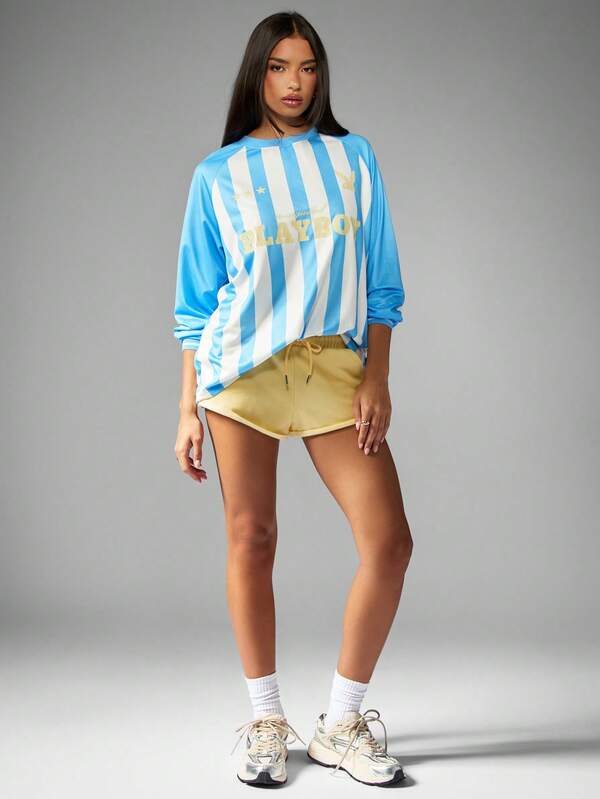 Missguided Missguided X Playboy MISSGUIDED Striped Long Sleeve Jersey Top With Collegiate Print