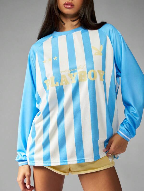 Missguided Missguided X Playboy MISSGUIDED Striped Long Sleeve Jersey Top With Collegiate Print