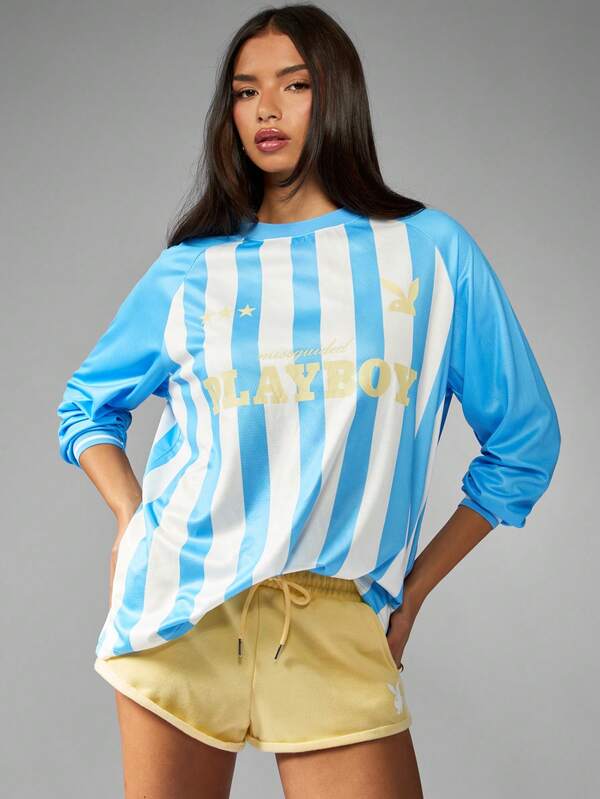 missguided Missguided x Playboy MISSGUIDED Striped Long Sleeve Jersey Top With Collegiate Print