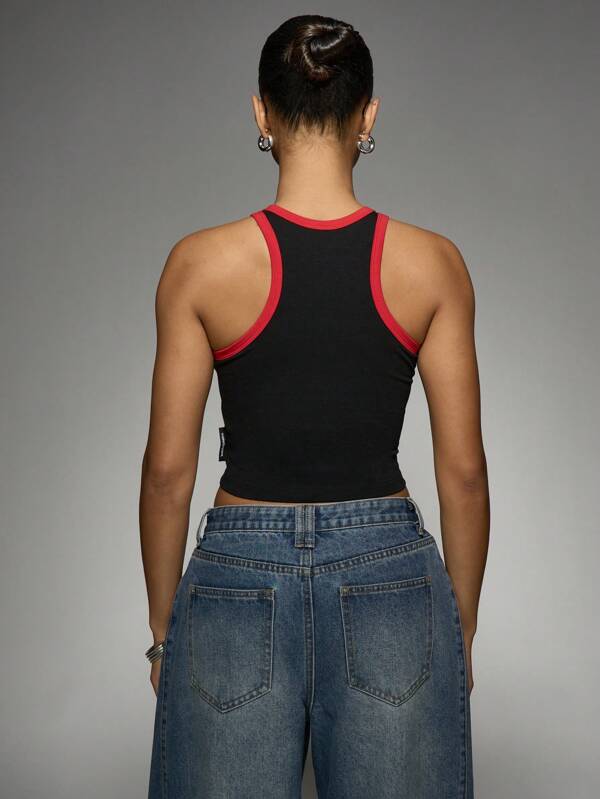 Missguided Missguided X Playboy MISSGUIDED Text Print Contrast Binding Racer Back Sleeveless Casual Tank Top