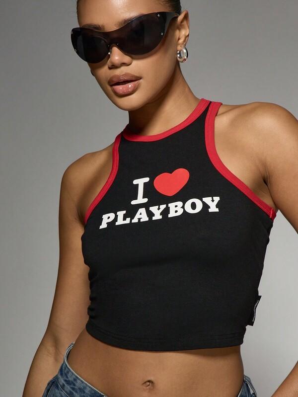 Missguided Missguided X Playboy MISSGUIDED Text Print Contrast Binding Racer Back Sleeveless Casual Tank Top