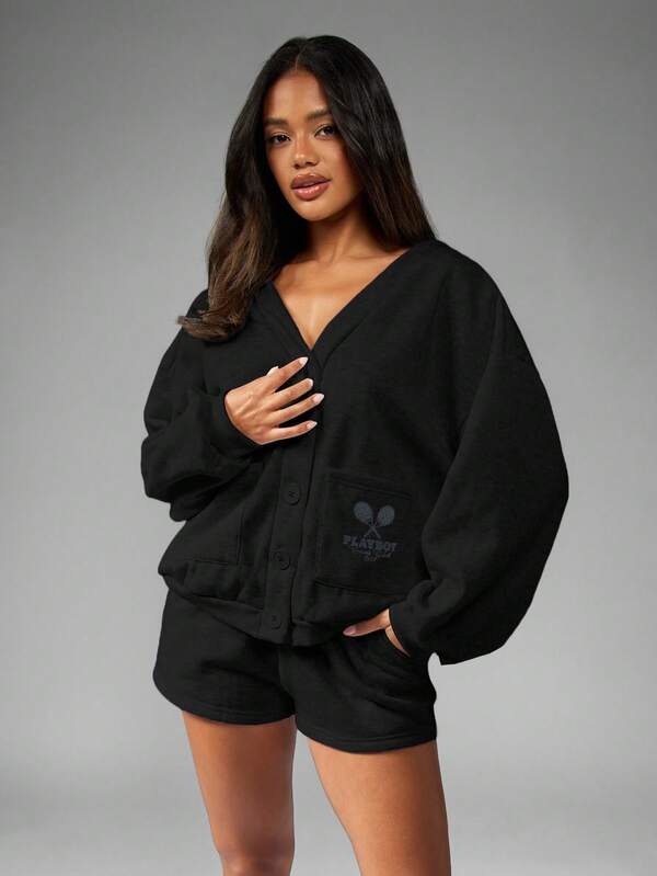 missguided Missguided x Playboy MISSGUIDED V Neck Button Down Cardigan With Balloon Sleeves