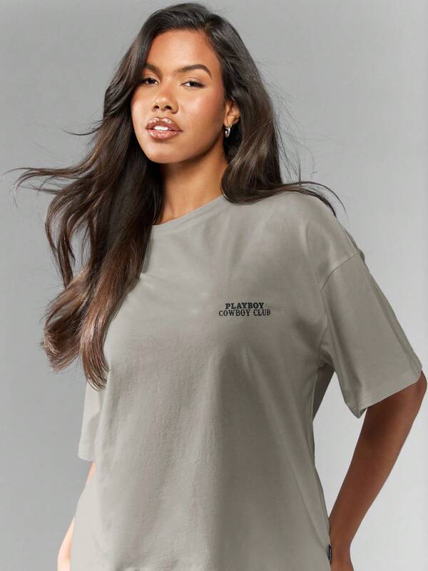 Missguided Missguided X Playboy MISSGUIDED Western Inspired Graphic Oversized Short Sleeve T Shirt With Cowboy Rodeo Design