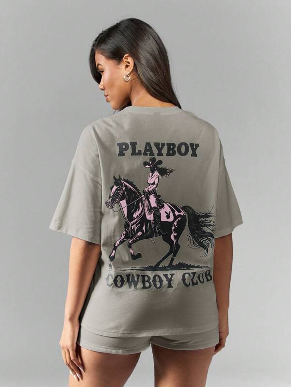 missguided Missguided x Playboy MISSGUIDED Western Inspired Graphic Oversized Short Sleeve T Shirt With Cowboy Rodeo Design