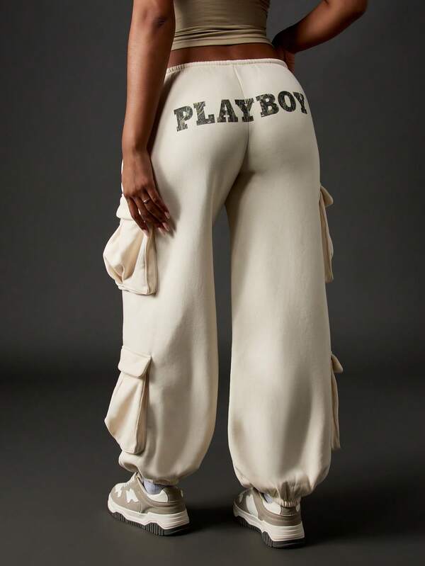 Missguided Missguided X Playboy MISSGUIDED Wide Leg Cargo Pants With Multiple Pockets And Drawstring Waist