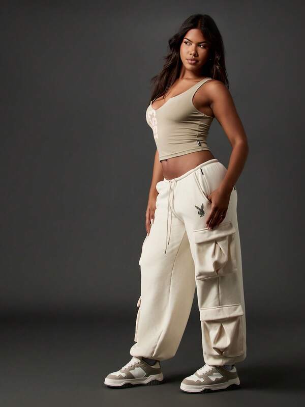 Missguided Missguided X Playboy MISSGUIDED Wide Leg Cargo Pants With Multiple Pockets And Drawstring Waist