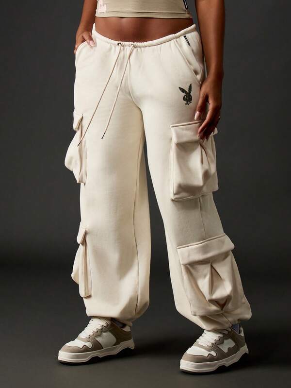 missguided Missguided x Playboy MISSGUIDED Wide Leg Cargo Pants With Multiple Pockets And Drawstring Waist