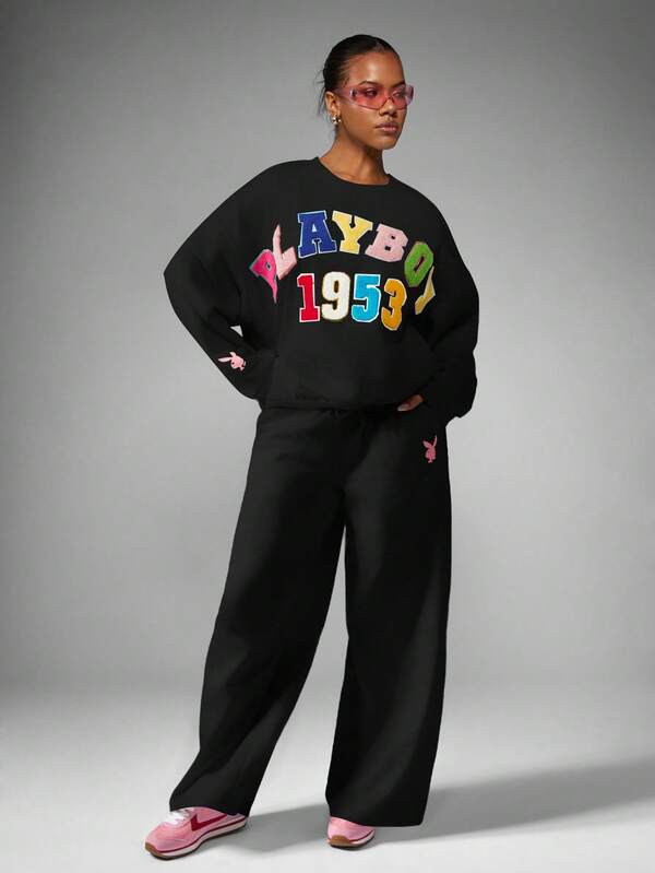 Missguided Missguided X Playboy MISSGUIDED Wide Leg Sweatpants With Colorful Applique Patches