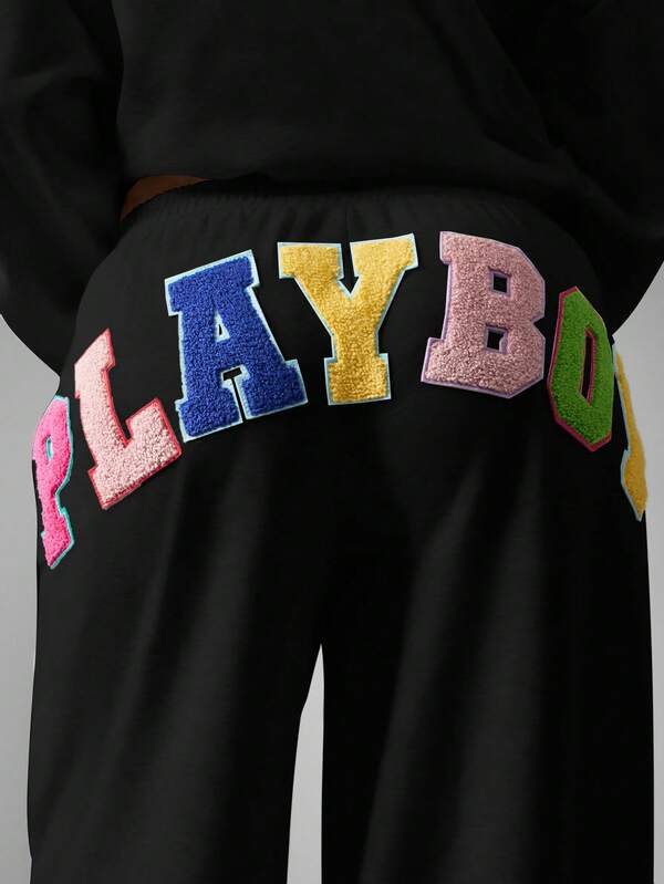 Missguided Missguided X Playboy MISSGUIDED Wide Leg Sweatpants With Colorful Applique Patches
