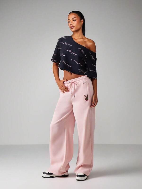 Missguided Missguided X Playboy MISSGUIDED Wide Leg Sweatpants With Bunny Embroidery