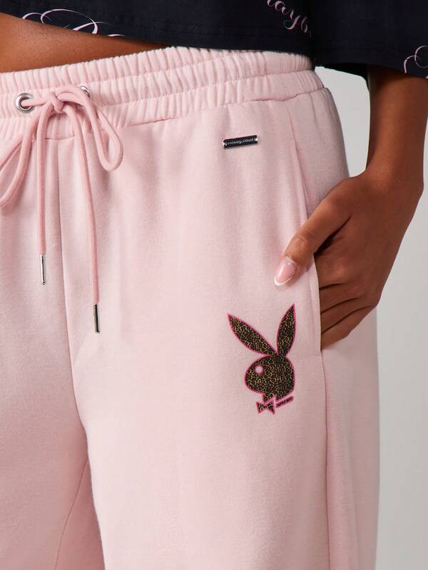 Missguided Missguided X Playboy MISSGUIDED Wide Leg Sweatpants With Bunny Embroidery
