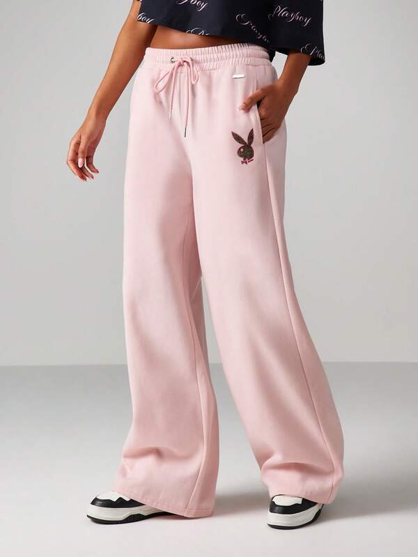 missguided Missguided x Playboy MISSGUIDED Wide Leg Sweatpants With Bunny Embroidery