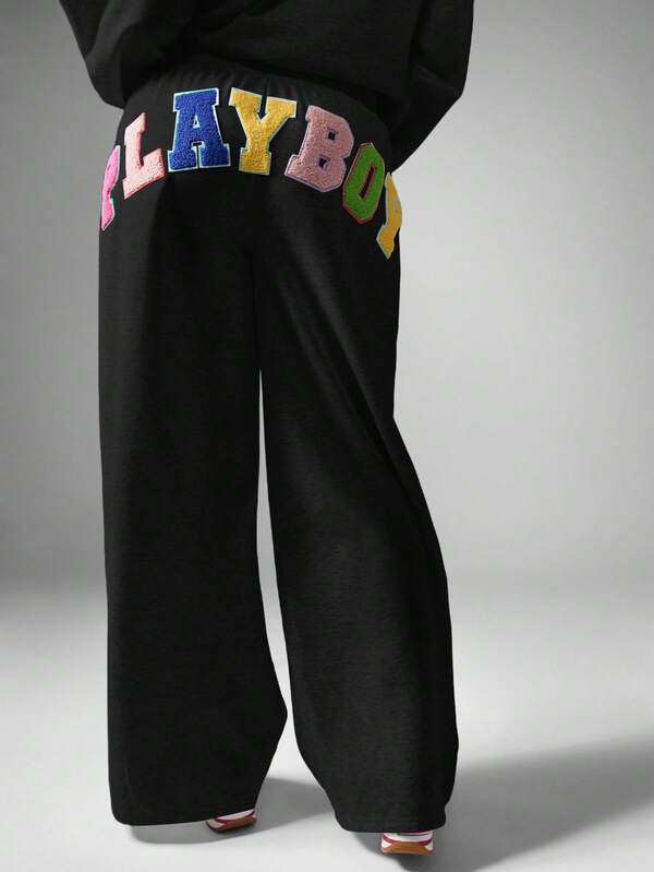 missguided Missguided x Playboy MISSGUIDED Wide Leg Sweatpants With Colorful Applique Patches