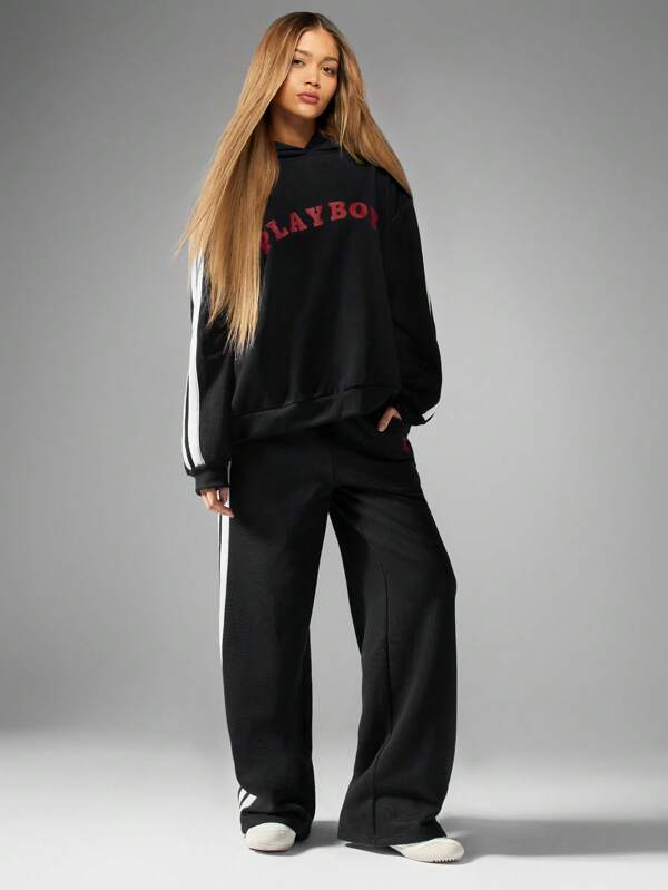 Missguided Missguided X Playboy MISSGUIDED Wide Leg Varsity Stripe Athleisure Sweatpants