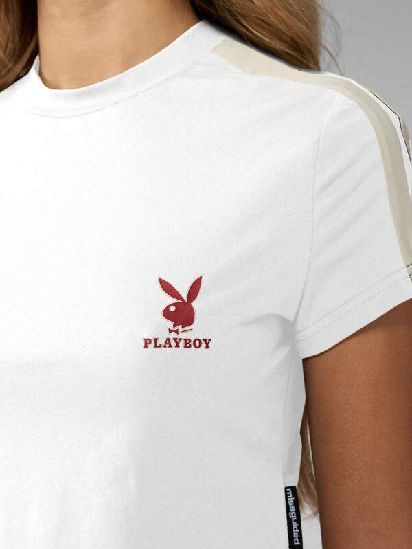 Missguided Missguided X Playboy MISSGUIDED Women Athletic Baby Tee Crop Top Short Sleeve