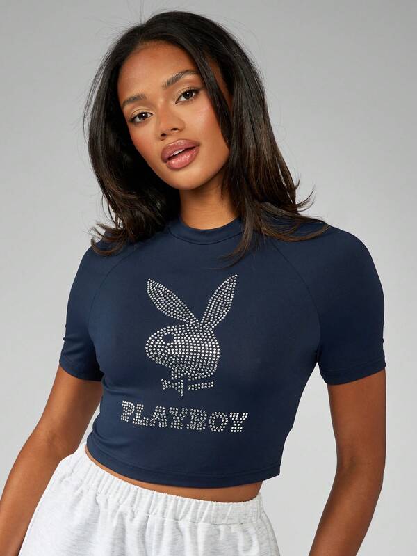 Missguided Missguided X Playboy MISSGUIDED Women Rhinestone Logo Baby Tee Crop Top T-Shirt
