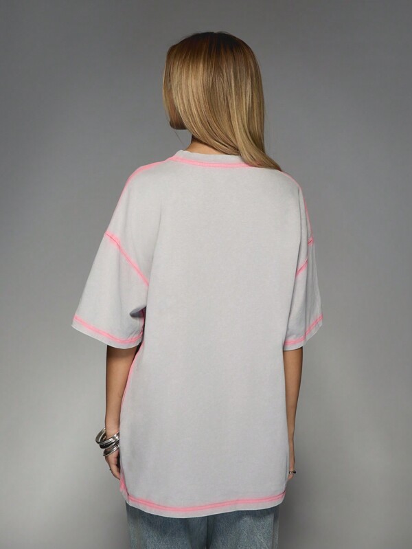 Missguided Missguided X Playboy MISSGUIDED Women's Casual Letter And Bunny Print Contrast Spray Paint Dropped Shoulder Loose White T-Shirt For Summer