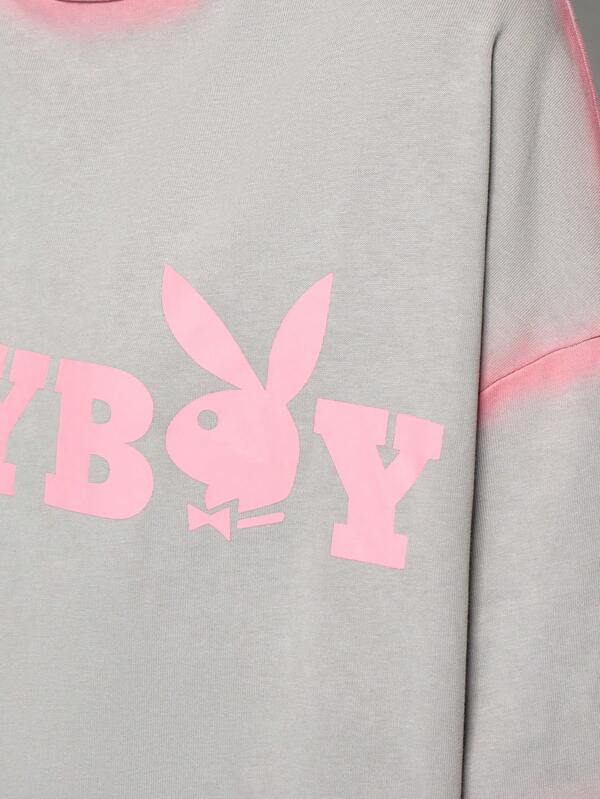 Missguided Missguided X Playboy MISSGUIDED Women's Casual Letter And Bunny Print Contrast Spray Paint Dropped Shoulder Loose White T-Shirt For Summer