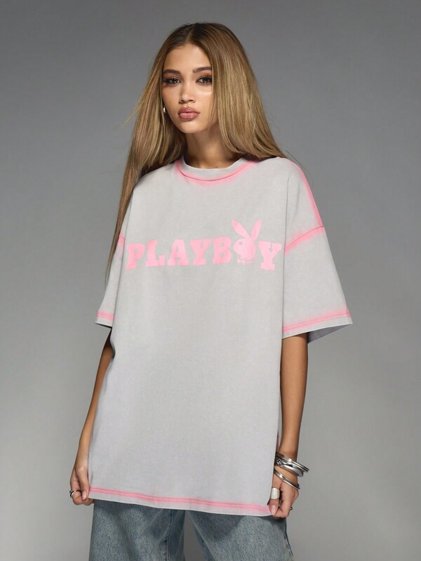 missguided Missguided x Playboy MISSGUIDED Women's Casual Letter And Bunny Print Contrast Spray Paint Dropped Shoulder Loose White T-Shirt For Summer
