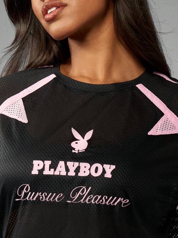 Missguided Missguided X Playboy MISSGUIDED Women's Oversized Jersey Graphic Logo Print T-Shirt