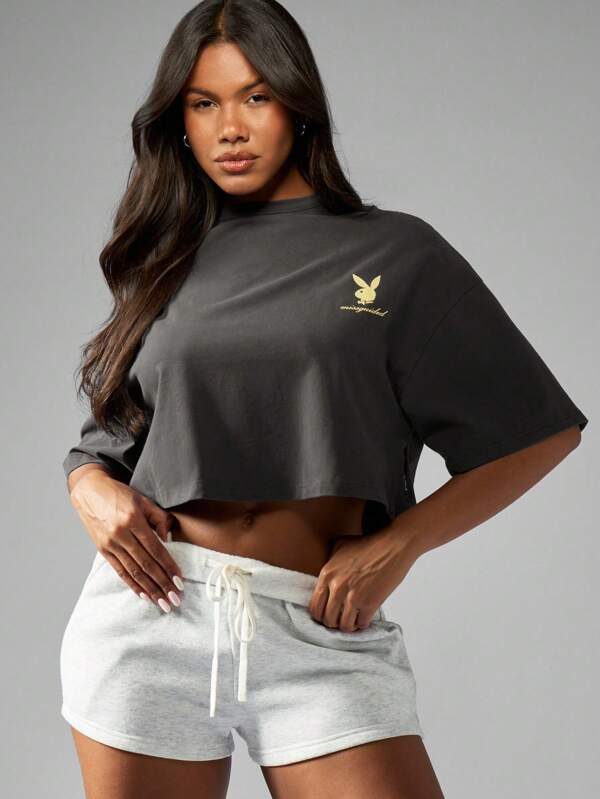 Missguided Missguided X Playboy MISSGUIDED Women T-Shirts Premium Cropped Graphic Logo Printed Short Sleeve Casual Style