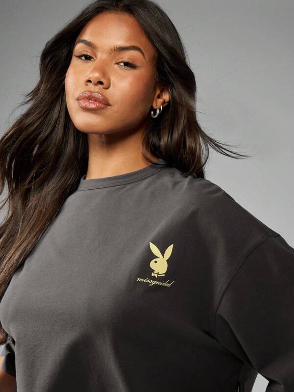 Missguided Missguided X Playboy MISSGUIDED Women T-Shirts Premium Cropped Graphic Logo Printed Short Sleeve Casual Style