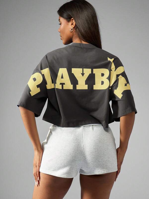 missguided Missguided x Playboy MISSGUIDED Women T-Shirts Premium Cropped Graphic Logo Printed Short Sleeve Casual Style