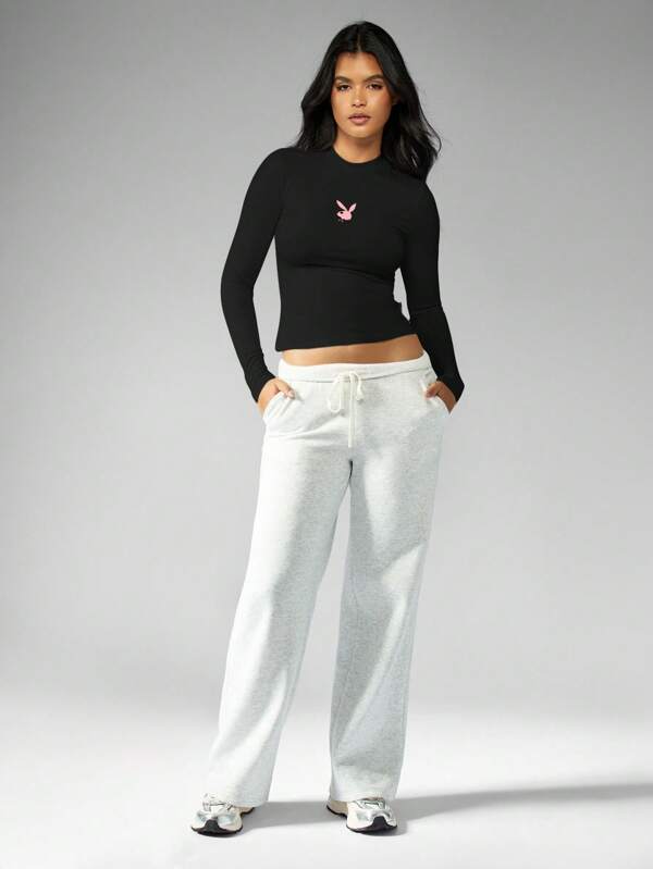 Missguided Missguided X Playboy MISSGUIDED Women Tops Fitted Long Sleeve Crop Top With Small Bunny Logo