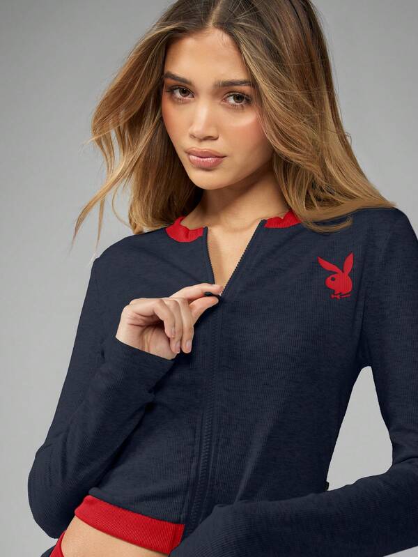 Missguided Missguided X Playboy MISSGUIDED Workout Ribbed Zip Up Two Piece Set