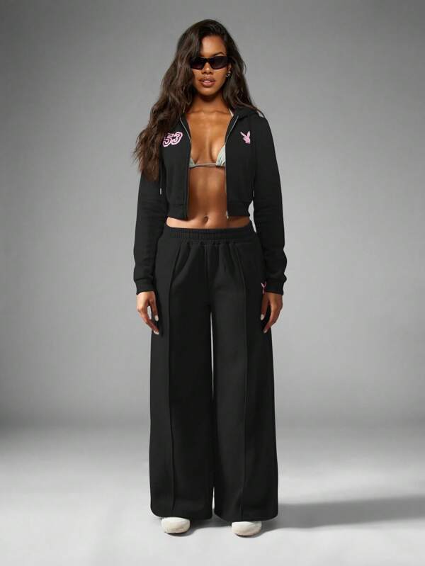 Missguided Missguided X Playboy MISSGUIDED Zip Up Crop Hoodie Sweatshirt With Bunny Logo And Number 53
