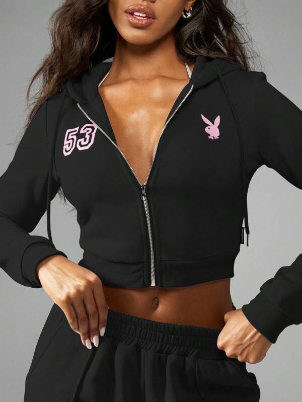 missguided Missguided x Playboy MISSGUIDED Zip Up Crop Hoodie Sweatshirt With Bunny Logo And Number 53