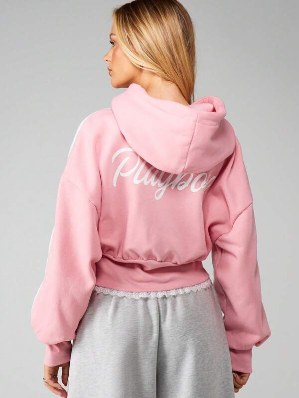 Missguided Missguided X Playboy MISSGUIDED Zip Up Hoodie With Embroidered Text
