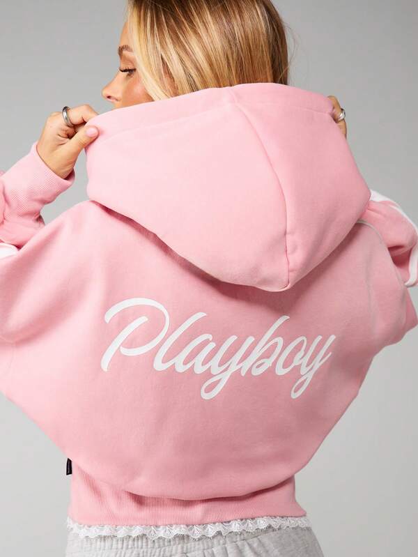 missguided Missguided x Playboy MISSGUIDED Zip Up Hoodie With Embroidered Text