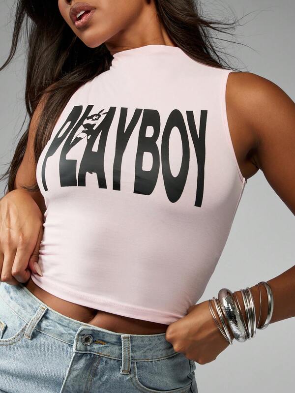 Missguided Missguided X Playboy Mock Neck Sleeveless Tank Top With Logo