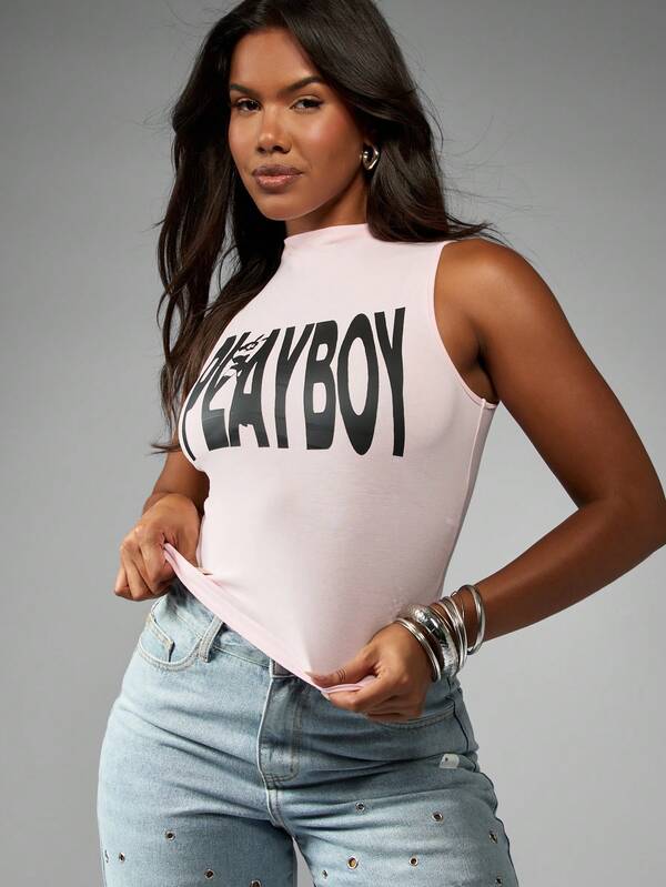 missguided Missguided x Playboy Mock Neck Sleeveless Tank Top With Logo