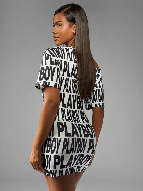 Missguided Missguided X Playboy Off Shoulder Bodycon Mini Dress With Letter Print