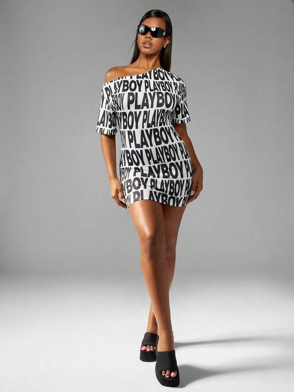 Missguided Missguided X Playboy Off Shoulder Bodycon Mini Dress With Letter Print