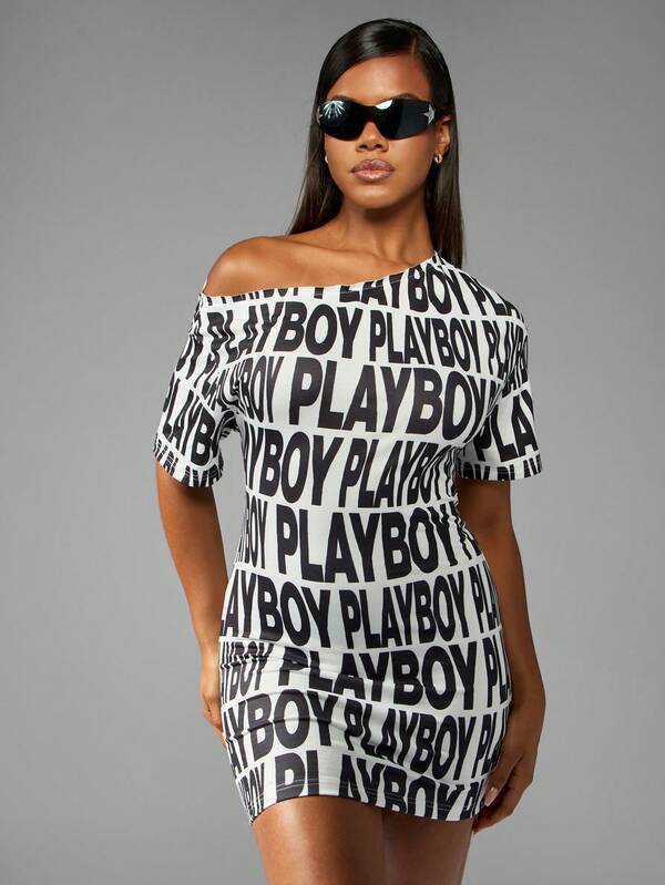 Missguided Missguided X Playboy Off Shoulder Bodycon Mini Dress With Letter Print