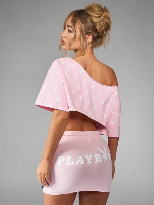 Missguided Missguided X Playboy Off Shoulder Bunny Print Cotton Crop Top