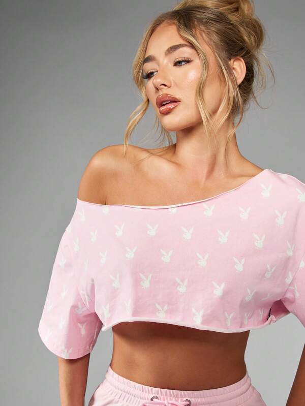 Missguided Missguided X Playboy Off Shoulder Bunny Print Cotton Crop Top