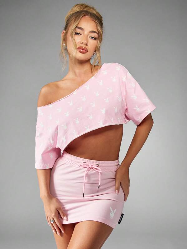 missguided Missguided x Playboy Off Shoulder Bunny Print Cotton Crop Top