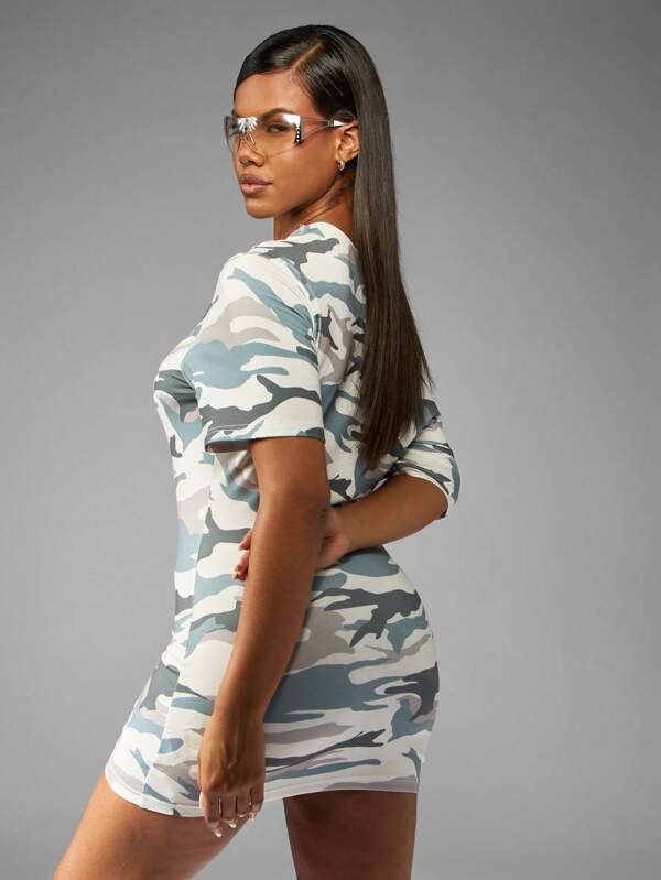 Missguided Missguided X Playboy Off Shoulder Camouflage Mini Dress With Quarter Sleeves