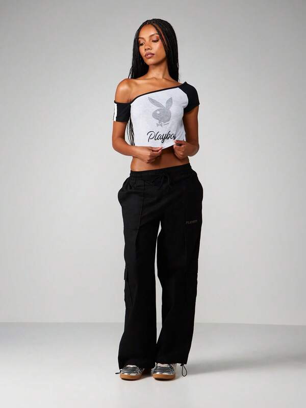 Missguided Missguided X Playboy Off Shoulder Crop Top With Embellished Logo