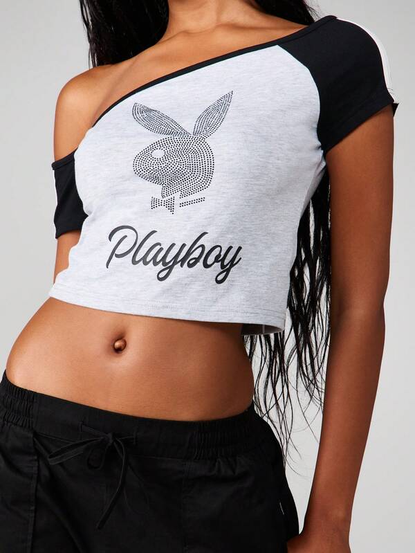 missguided Missguided x Playboy Off Shoulder Crop Top With Embellished Logo