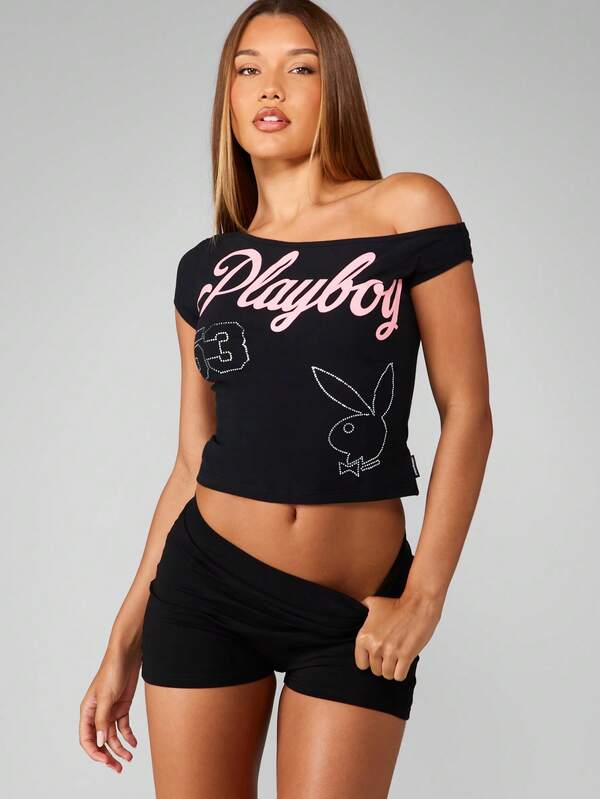 Missguided Missguided X Playboy Off Shoulder Crop Top With Logo Print Design